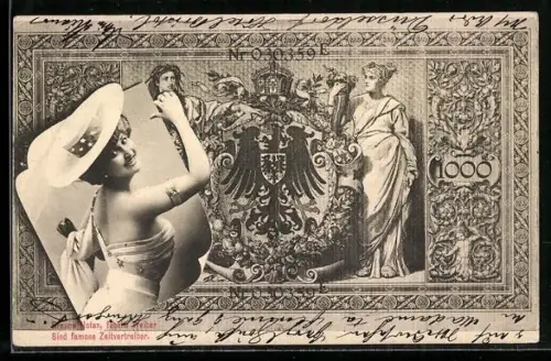 AK Frauenportrait auf einem Geldschein, Passepartout