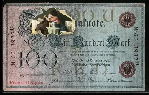 AK Dame und Herr küssen sich hinter Einhundert Mark Schein