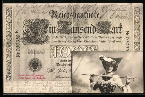 AK Frauenportrait auf einem Geldschein, Passepartout