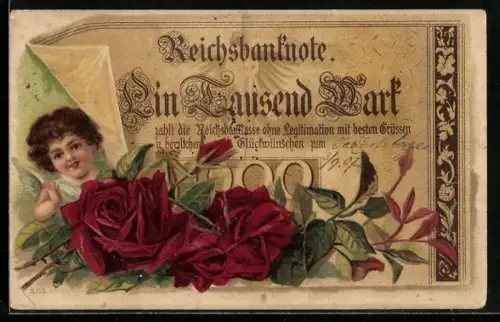 AK Englein unter Geldschein über eintausend Mark mit Rosen