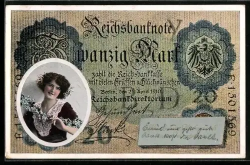 AK Frauenportrait auf Geldschein über zwanzig Mark