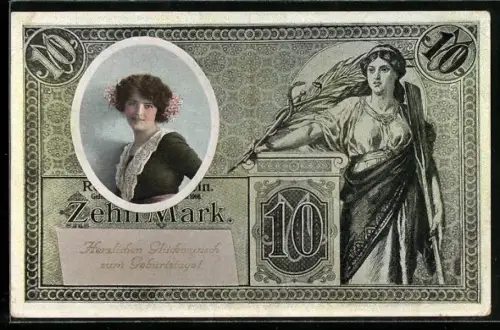 AK Geburtstagsglückwünsche in Form eines Geldscheins, 10 Mark