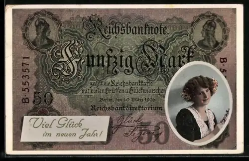 AK Frauenportrait auf Geldschein über fünfzig Mark, Neujahrsgruss