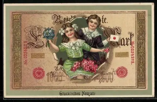 AK Reichsbanknote Ein Tausend Mark, Kinder gratulieren mit Blumen und Brief, Glückwunsch zum Geburtstag