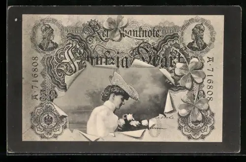 AK Frauenportrait in Geldschein über fünfzig Mark