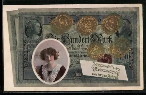 AK Bildnis einer Frau vor einem Geldschein der Reichsbank