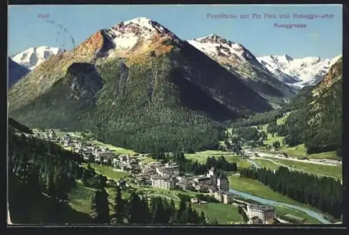 AK Pontresina, Ortsansicht mit Piz Palü und Roseggletscher