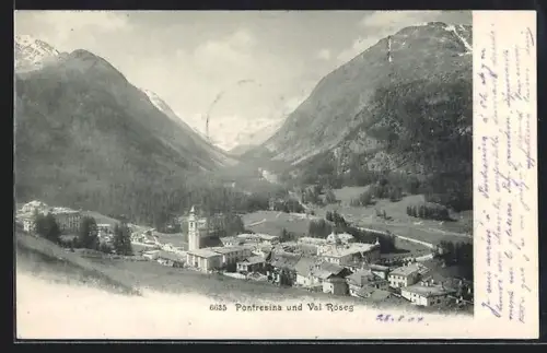 AK Pontresina, Ortsansicht mit Val Roseg