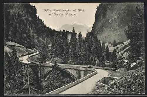 AK Viamala, Dritte Viamalabrücke mit Blick auf Suretta-Gletscher