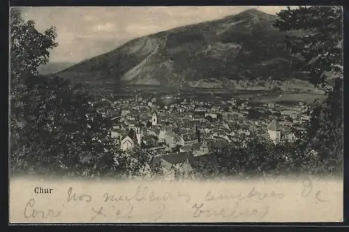 AK Chur, Ortsansicht mit Kirche und Berg