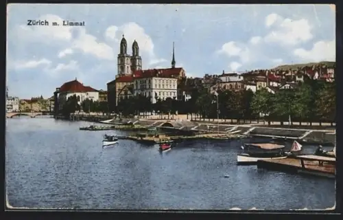 AK Zürich, Limmat mit Motorbootanleger