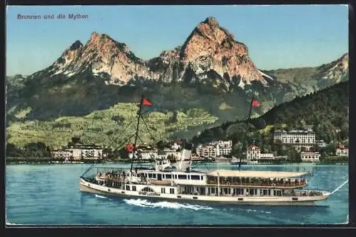 AK Brunnen, Binnenschiff Stadt Luzern passiert den Ort und die Mythen
