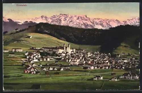 AK Einsiedeln, Ortsansicht mit Bergpanorama