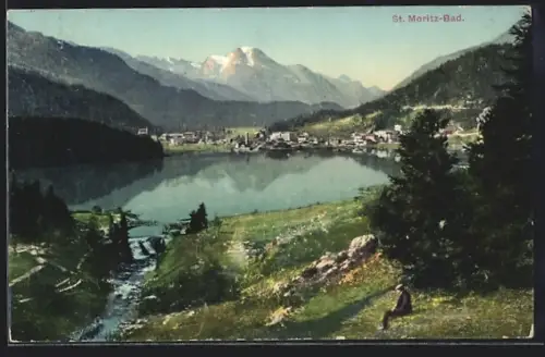 AK St. Moritz-Bad, Ortsansicht mit See