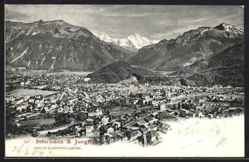 AK Interlaken, Blick auf den Ort mit Jungfrau