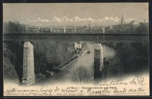 AK Bern, Eisenbahnbrücke und Alpen