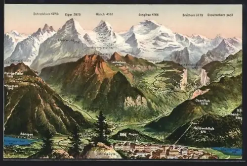 AK Interlaken, Interlaken mit Bergpanorama, Lauberhorn, Eiger, Mönch