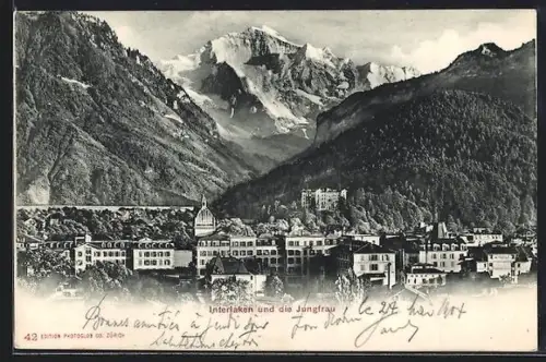AK Interlaken, Ortsansicht mit Jungfrau