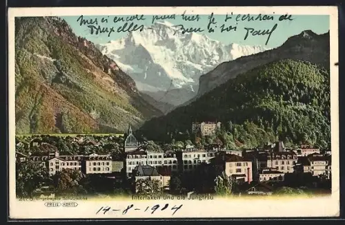 AK Interlaken, Teilansicht des Ortes mit der Jungfrau