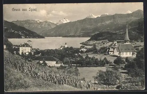 AK Spiez, Ortsansicht mit Kirche und See