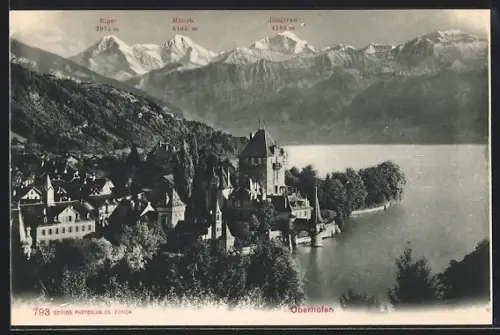 AK Oberhofen, Ortsansicht mit Mönch, Eiger und Jungfrau