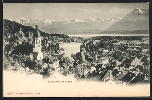 AK Thun, Ortsansicht mit Kirche und Alpenpanorama