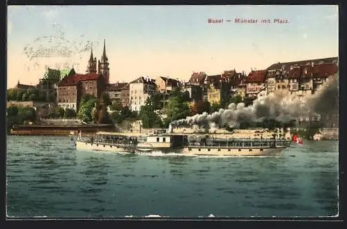 AK Basel, Raddampfer vor der Stadt mit rauchendem Schlot