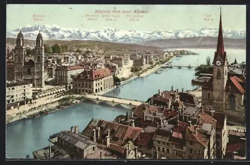 AK Zürich, Stadtansicht mit den Alpen