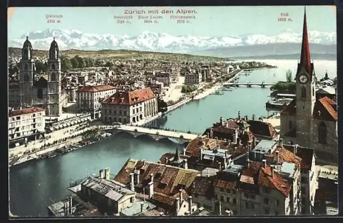 AK Zürich, Ortsansicht mit den Alpen
