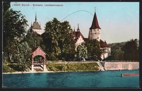 AK Zürich, Landesmuseum mit Flusspartie