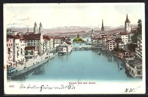 AK Zürich, Flusspartie mit Blick zu den Alpen