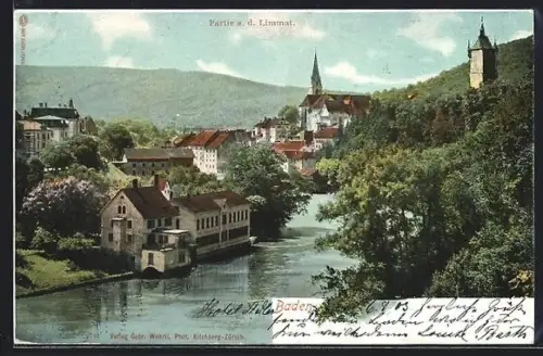 AK Baden, Partie an der Limmat, Mühle, um 1900