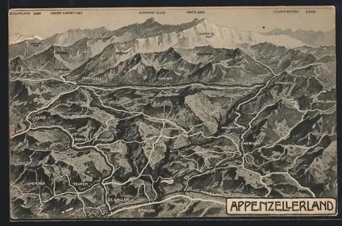 Künstler-AK Herisau /Appenzell, Panorama mit Teufen, Speicher und Altmann