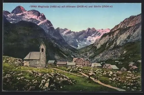 AK Meglisalp, Kapelle mit Altmann und Säntis