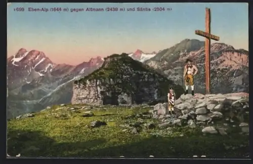 AK Eben-Alp, Bauer und Junge am Gipfelkreuz gegen Altmann und Säntis