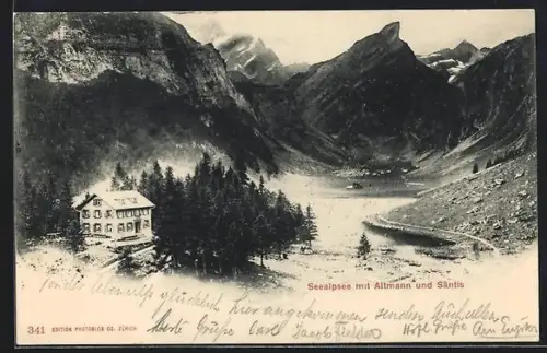 AK Seealpsee, Seeufer mit Altmann und Säntis