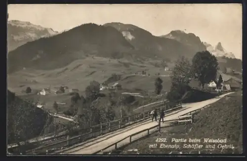 AK Weissbad, Ortspartie mit Ebenalp, Schäfler und Oehrli