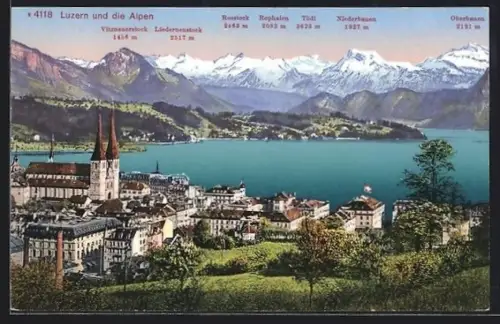 AK Luzern, Teilansicht mit Kirche und den Alpen: Tödi, Oberbauen und Vitznauerstock