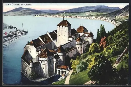 Künstler-AK Château de Chillon, Panorama mit Bahn