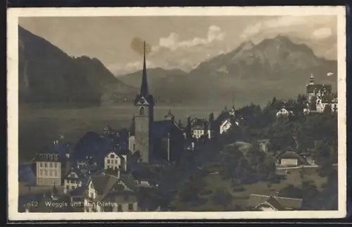 AK Weggis, Teilansicht mit Kirche und Pilatus