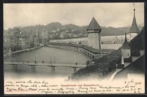 AK Luzern, Kapellbrücke und Wasserturm