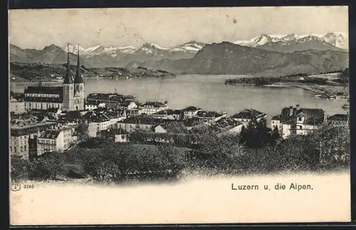 AK Luzern, Teilansicht mit Kirche und den Alpen