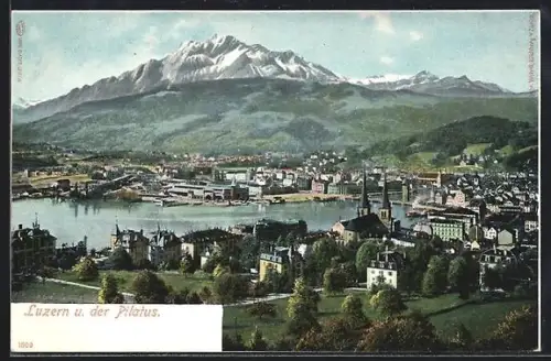 AK Luzern, Stadtansicht und der Pilatus
