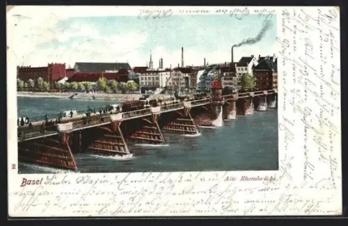 AK Basel, Alte Rheinbrücke mit Strassenbahn