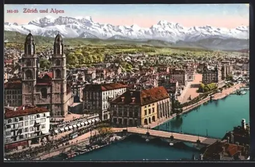 AK Zürich, Teilansicht mit Kirche und den Alpen