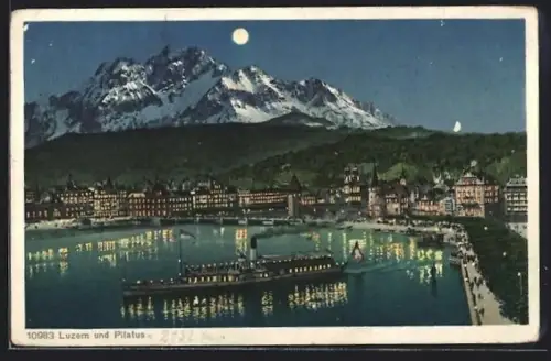 AK Luzern, Teilansicht mit Pilatus bei Mondschein