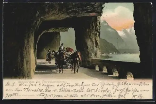 AK Axenstrasse, Kutschen auf der Axenstrasse am Vierwaldstättersee