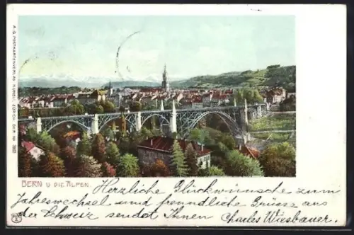Künstler-AK Bern, Teilansicht mit den Alpen