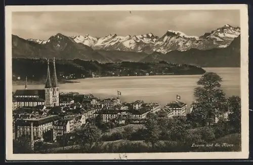 AK Luzern, Teilansicht und die Alpen