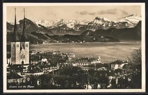 AK Luzern, Teilansicht und die Alpen